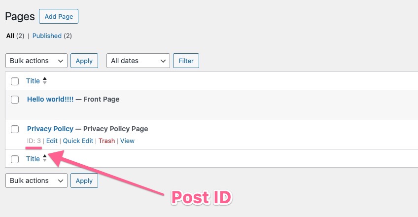 Screenshot of a WordPress admin Pages screen showing a list of pages; an arrow labeled "Post ID" points to the ID number 3 beneath the "Privacy Policy" page title.